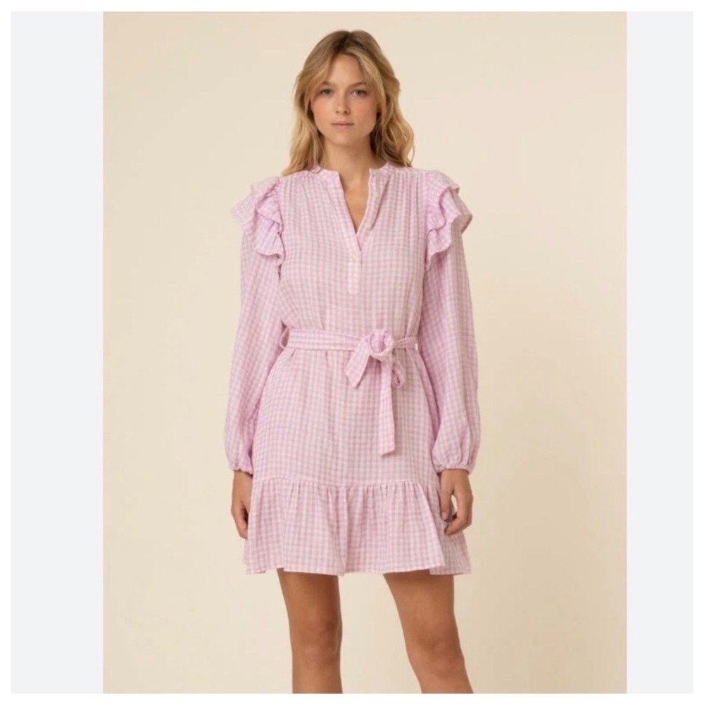 FRNCH Paris Gingham Mini Dress Womens M Lavender Ruffle Cotton Gauze NWT